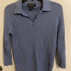 Brooks Brothers Women's Silk Cashmere Light Blue Cable Knit V-Neck Sweater